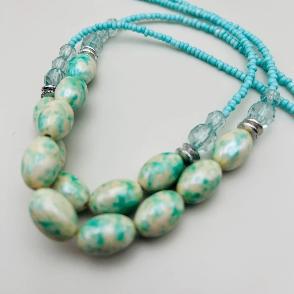 Turquoise Blue Double Strand Beaded Necklace Marbled Oval Beads Seed Beads‎